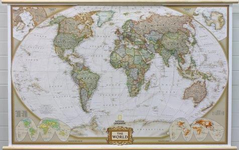 WANDKAART WORLD ANTIEK OP STOKKEN 