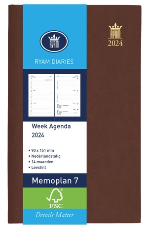Ryam Memoplan 7 Mundior Bruin Staand - Week op 2 pagina's - Wit - Nederlands - Agenda 2024