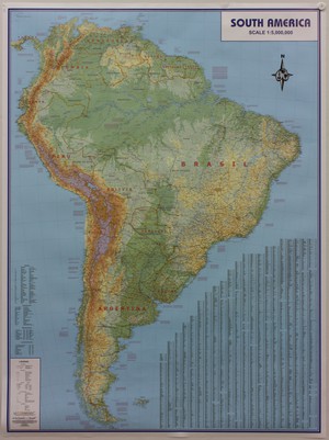 America South fysisch wandkaart geplastificeerd  