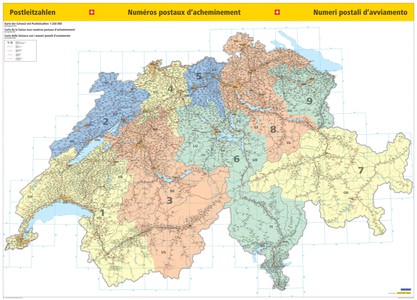 Zwitserland postzones wandkaart geplastificeerd  