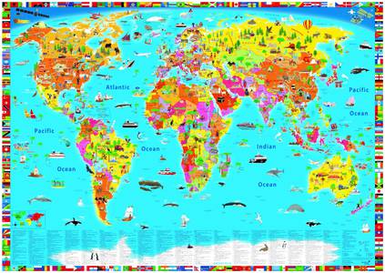 World kids political illustrated wall map
