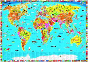 World map kids political illustrated wandkaart 