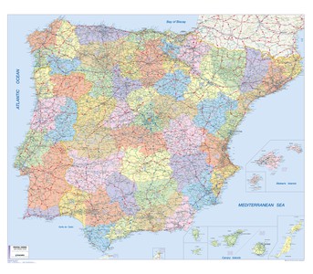 Spanje / Portugal postzone wandkaart geplastificeerd