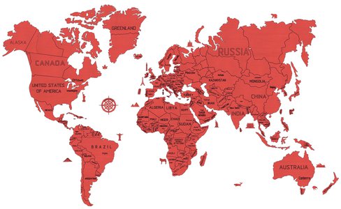 Wereld kaart in hout XXL Koraalrood