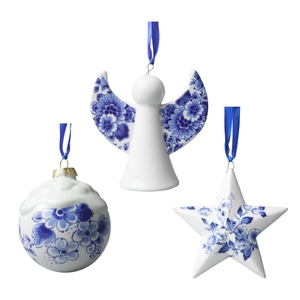 Heinen Delfts Blauw - Kerstornamenten Set Bloemen