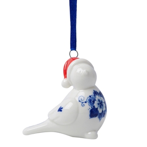Heinen Delfts Blauw - Kerstboomversiering Vogel met Kerstmuts 1
