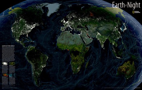 Aarde bij nacht  wandkaart geplastificeerd