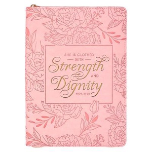 Christian Art Gifts Scripture Journal Pink Strength & Dignity Proverbs 31:25 Bible Verse Inspirational Faux Leather Notebook, Zipper Closure, 336 Ruled Pages, Ribbon