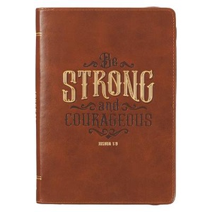 Christian Art Gifts Scripture Journal Brown Be Strong Joshua 1:9 Bible Verse Inspirational Faux Leather Notebook, Zipper Closure, 336 Ruled Pages, Ribbon