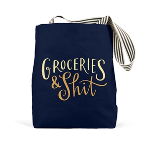 Em & Friends Groceries & Shit (navy) Tote Bags