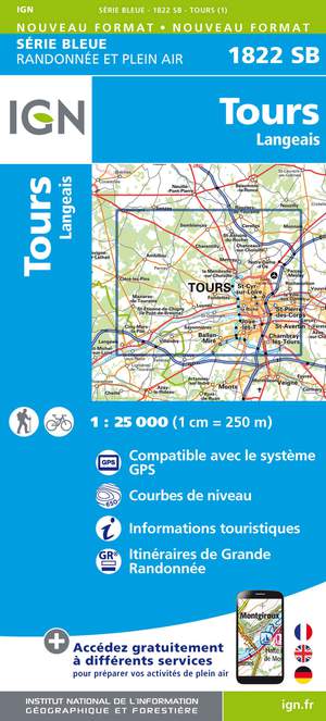 IGN 1822SB Tours - Langeais 1:25.000 Série Bleue Topografische Wandelkaart