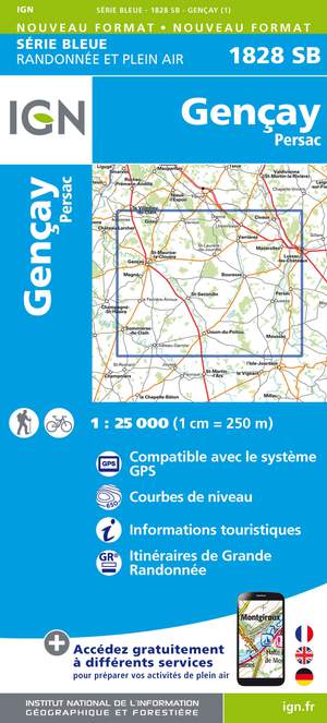 IGN 1828SB Gençay - Persac 1:25.000 Série Bleue Topografische Wandelkaart