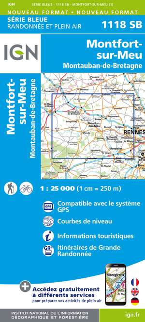 IGN 1118SB Montfort-sur-Meu - Montauban-de-Bretagne 1:25.000 Série Bleue Topografische Wandelkaart