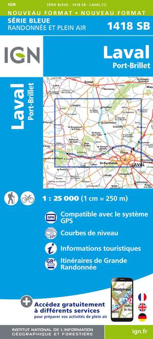 IGN 1418SB Laval - Port-Brillet 1:25.000 Série Bleue Topografische Wandelkaart