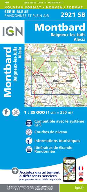 IGN 2921SB Montbard - Baigneus-les-Juifs - Alésia 1:25.000 Série Bleue Topografische Wandelkaart