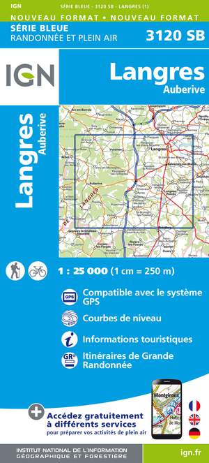IGN 3120SB Langres - Auberive 1:25.000 Série Bleue Topografische Wandelkaart