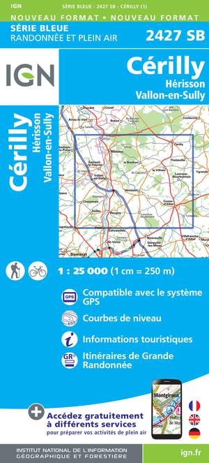 IGN 2427SB Cérilly - Hérisson - Vallon-en-Sully 1:25.000 Série Bleue Topografische Wandelkaart