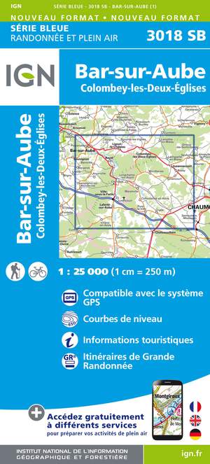 IGN 3018SB Bar-sur-Aube - Colombey-les-Deux-Eglises 1:25.000 Série Bleue Topografische Wandelkaart