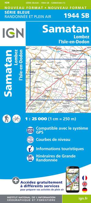 IGN 1944SB Samatan Lombez - L'Isle-en-Dodon 1:25.000 Série Bleue Topografische Wandelkaart