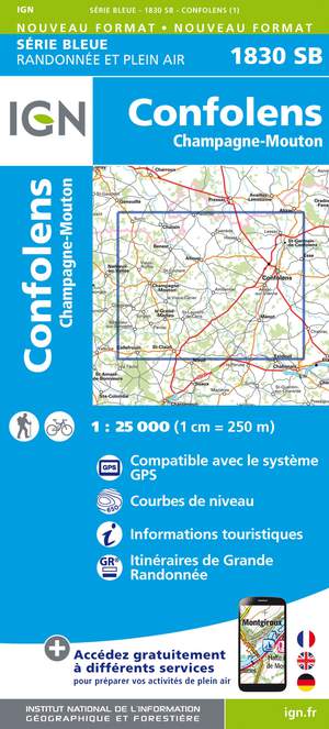 IGN 1830SB Confolens - Champagne-Mouton 1:25.000 Série Bleue Topografische Wandelkaart