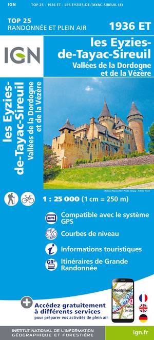 IGN 1936ET Les Eyzies-de-Tayac-Sireuil - Vallées Dordogne & Vézère 1:25.000 TOP25 Topografische Wandelkaart