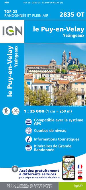 IGN 2835OT Le Puy-en-Velay - Yssingeaux 1:25.000 TOP25 Topografische Wandelkaart