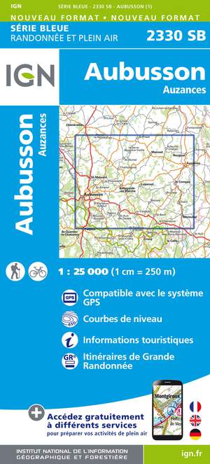 IGN 2330SB Aubusson - Auzances 1:25.000 Série Bleue Topografische Wandelkaart