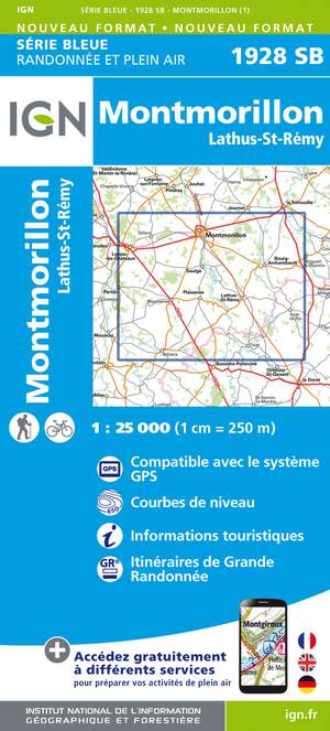 IGN 1928SB Montmorillon - Lathus-St-Rémy 1:25.000 Série Bleue Topografische Wandelkaart