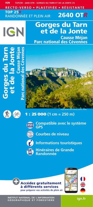 IGN 2640OTR Gorges du Tarn et de la Jonte - Causse Méjean 1:25.000 TOP25 Geplastificeerde Topografische WandelkaartPNR