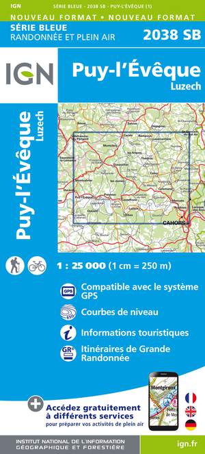 IG 2038SB Puy-l'Evêque - Luzech 1:25.000 Série Bleue Topografische Wandelkaart