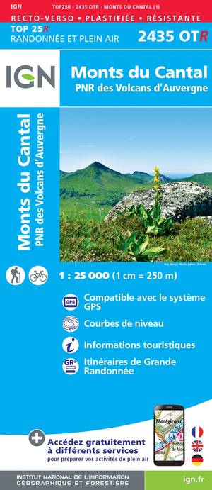 IGN 2435OTR Monts du Cantal 1:25.000 TOP25 Geplastificeerde Topografische Wandelkaart