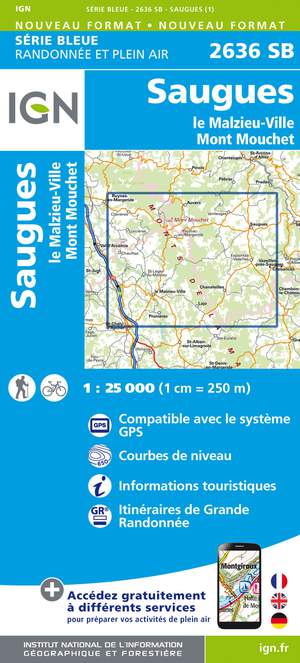 IGN 2636SB Saugues - Malzieu-Ville - Mont Mouchet 1:25.000 Série Bleue Topografische Wandelkaart