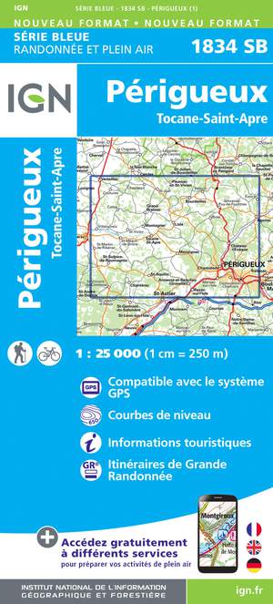 IGN 1834SB Périgueux - Tocane-Saint-Apre 1:25.000 Série Bleue Topografische Wandelkaart