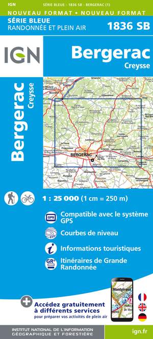 IGN 1836SB Bergerac - Creysse 1:25.000 Série Bleue Topografische Wandelkaart