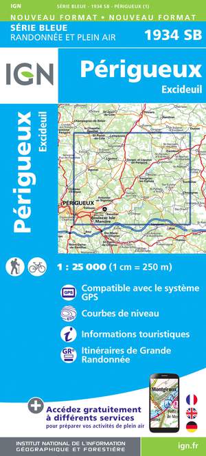 IGN 1934SB Périgueux - Excideuil 1:25.000 Série Bleue Topografische Wandelkaart