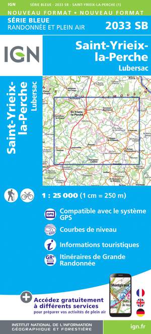 IGN 2033SB St-Yrieix-la-Perche - Lubersac 1:25.000 Série Bleue Topografische Wandelkaart