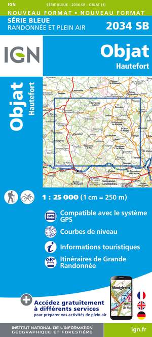 IGN 2034SB Objat - Hautefort 1:25.000 Série Bleue Topografische Wandelkaart
