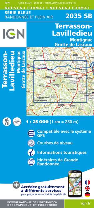 IGN 2035SB Terrasson-Lavilledieu - Montignac - Grotte de Lascaux 1:25.000 Série Bleue Topografische Wandelkaart