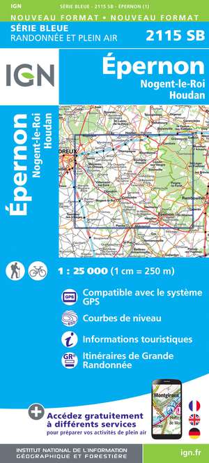 IGN 2115SB Epernon - Nogent-le-Roi - Houdan 1:25.000 Série Bleue Topografische Wandelkaart