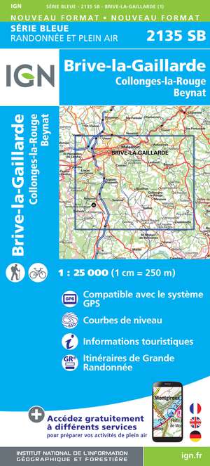 IGN 2135SB Brive-la-Gaillarde  - Collonges-la-Rouge - Beynat 1:25.000 Série Bleue Topografische Wandelkaart