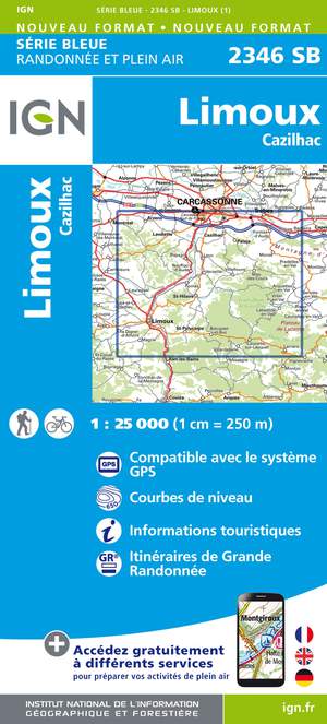 IGN 2346SB Limoux - Cazilhac 1:25.000 Série Bleue Topografische Wandelkaart
