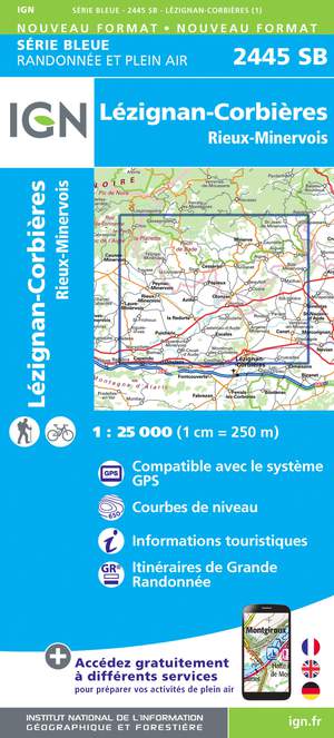 IGN 2445SB Lézignan-Corbières - Rieux-Minervois 1:25.000 Série Bleue Topografische Wandelkaart