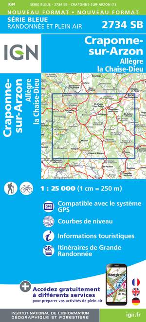IGN 2734SB Craponne-sur-Arzon - Allègre - La Chaise-Dieu 1:25.000 Série Bleue Topografische Wandelkaart