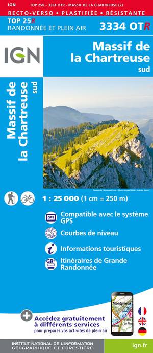 IGN 3334OTR Massif de la Chartreuse Sud  1:25.000 TOP25 Geplastificeerde Topografische Wandelkaart