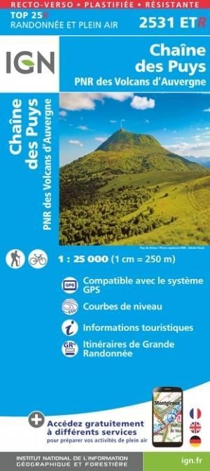 IGN 2531ETR Chaîne des Puys - Monts-Dômes 1:25.000 TOP25 Geplastificeerde Topografische Wandelkaart