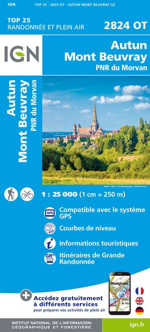 IGN 2824OT Autun - Mont Beuvray 1:25.000 TOP25 Topografische Wandelkaart