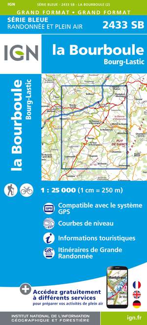 IGN 2433SB la Bourboule  - Bourg-Lastic 1:25.000 Série Bleue Topografische Wandelkaart